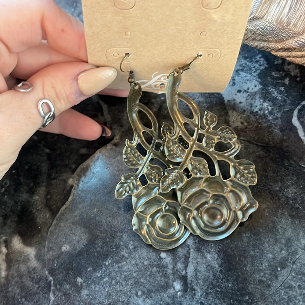 Antique Bronze Rose Earrings - Picture 2 of 2